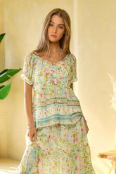 Spring Floral Border Print Ruffled Textured Top Davi & Dani